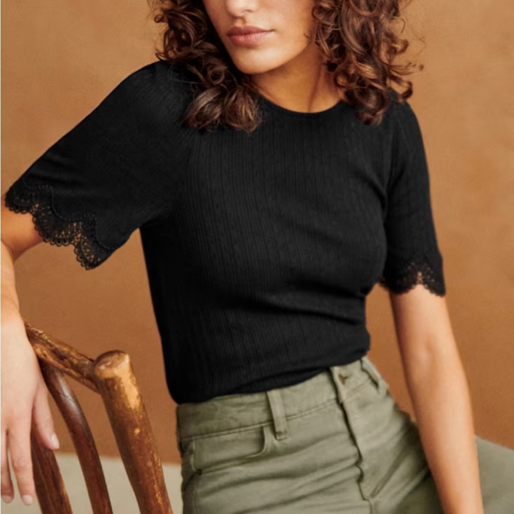 Sézane Clea Pointelle Black Lace Trim Short Sleeve Top